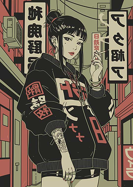 Anime Girl Smoking in City