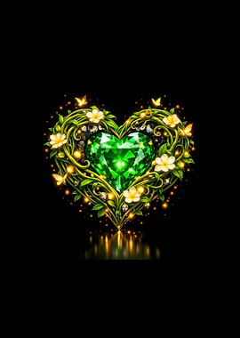 Enchanted Emerald Heart with Flowers and Butterflies