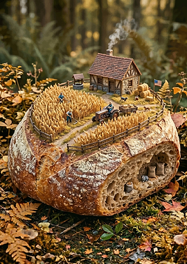 Miniature Farm Scene on a Loaf of Bread