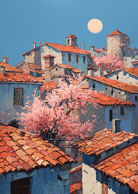 Mediterranean Village Rooftops with Cherry Blossoms