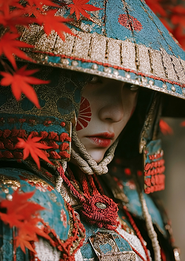 Samurai Woman with Red Maple Leaves