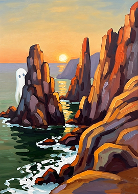 Ghostly Sunset Over Rocky Coastline