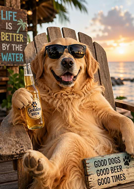 Golden Retriever with Beer at Sunset