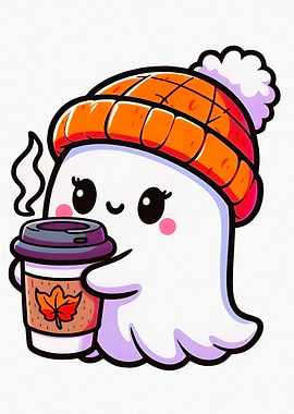Cute Ghost Holding Coffee Cup