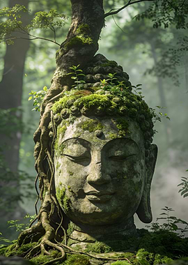 Ancient Buddha Statue Overgrown with Nature