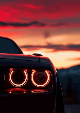 Car headlights at sunset