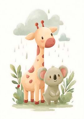 Cute Giraffe and Koala in the Rain