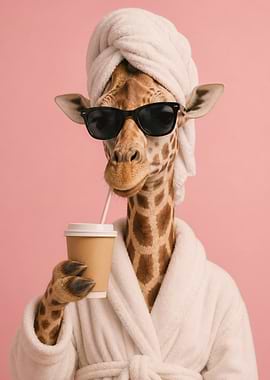 Giraffe in bathrobe and sunglasses drinking coffee