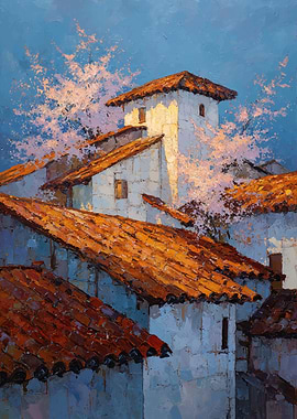 Village Rooftops with Cherry Blossoms