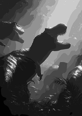 Dinosaurs in a prehistoric jungle