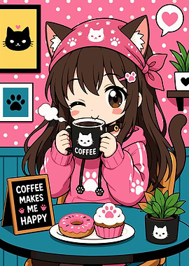 Cute Anime Cat Girl Drinking Coffee