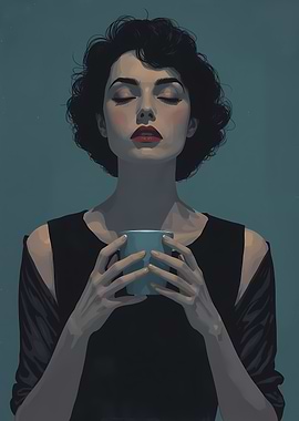 Woman with eyes closed holding a mug