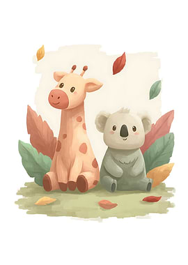Cute Giraffe and Koala with Leaves