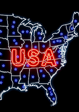 USA Neon Map with Stars