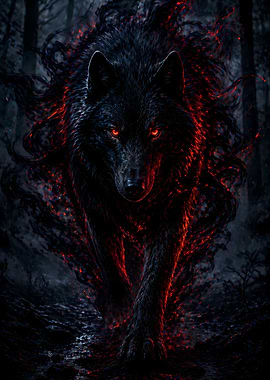Fiery Black Wolf in Dark Forest