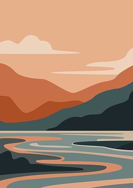 Abstract Mountain and River Landscape