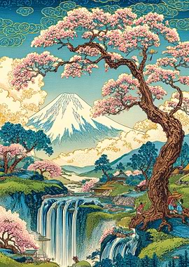 Mount Fuji with Cherry Blossoms and Waterfall