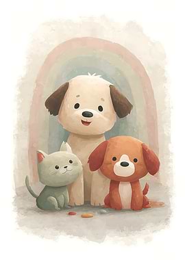 Cute Animals with Rainbow Background