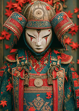 Samurai Warrior with Mask and Red Leaves