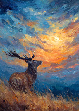 Majestic Stag Gazing at Sunset Sky