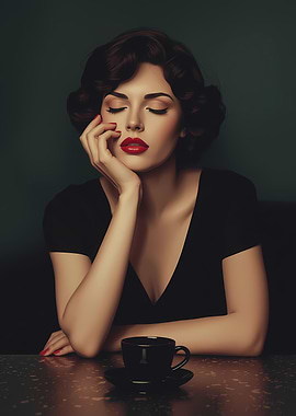 Retro Woman with Red Lipstick and Coffee