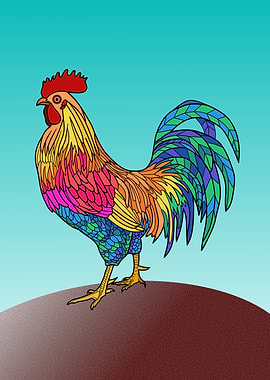 Colorful Rooster on a Hill