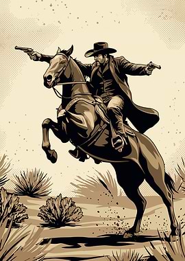 Cowboy on Horse Shooting Guns