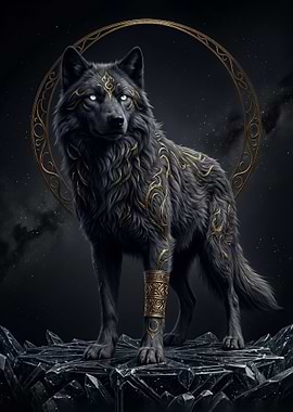 A majestic Mystical Black Wolf with Golden Ornaments