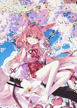 Pink Fox Girl Under Cherry Blossoms