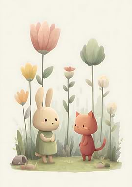 Cute Bunny and Cat in a Flower Field