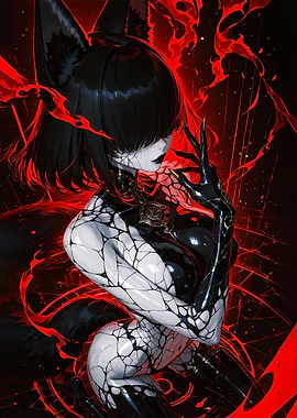Gothic Fox Girl with Red Flames