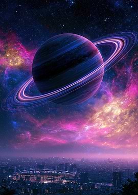 Cosmic Planet Over Cityscape