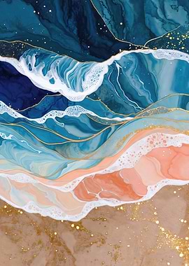 Abstract Ocean Waves with Gold Accents