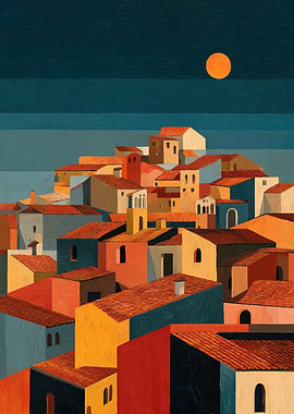 Stylized Mediterranean Village at Sunset