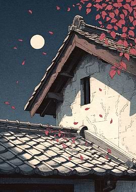 Autumn Moonlit Night Over Japanese Rooftops