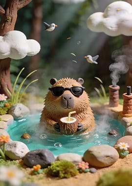 Capybara relaxing in a hot spring