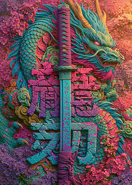 Dragon and Katana with Cherry Blossoms