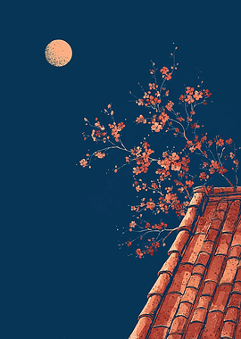 Moonlit Cherry Blossoms Over Rooftop