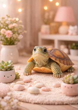 Cute Turtle with Succulents and Flowers