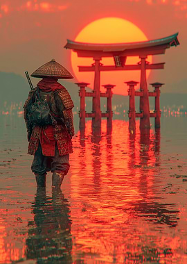 Samurai at Sunset Torii Gate