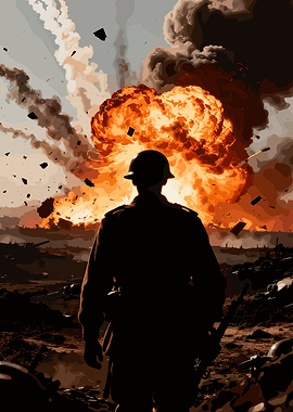 Soldier facing a massive explosion
