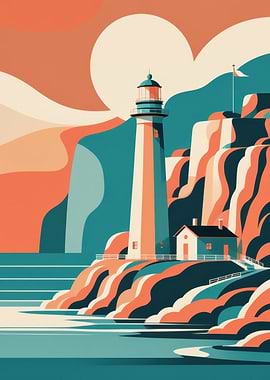 Pastel Lighthouse on Cliff — Minimal Retro Seaside Illustration