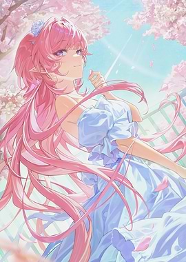 Girl with Pink Hair and Cherry Blossoms