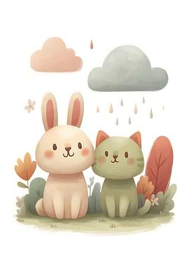 Cute Bunny and Cat in Rain