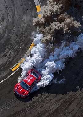 Red drift car creating smoke on track