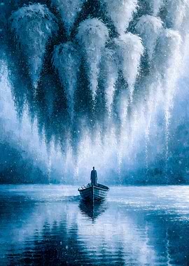 Mystical Figure in a Boat Cascading Ocean Waterfall Surreal Horizon