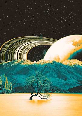 Surreal Space Landscape with Tree