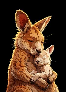 Mother Kangaroo Hugging Joey