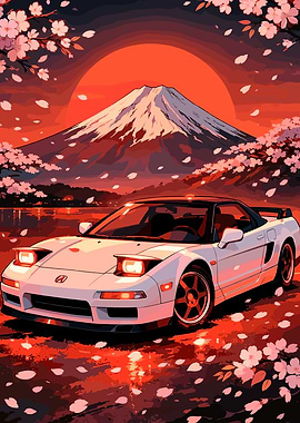 White Sports Car with Mount Fuji and Cherry Blossoms