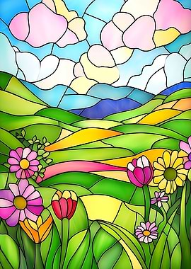 Stained Glass Landscape with Flowers